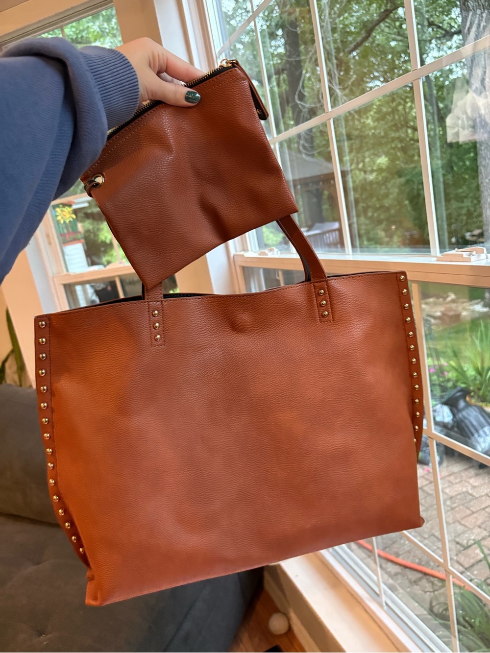 JustFab Tan/Brown Studded Tote with Matching Pouch